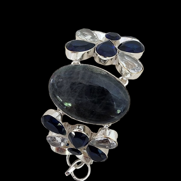 Blue sodalite gemstone bracelet silver + white topaz + blue faceted glass Q04 - Picture 14 of 14